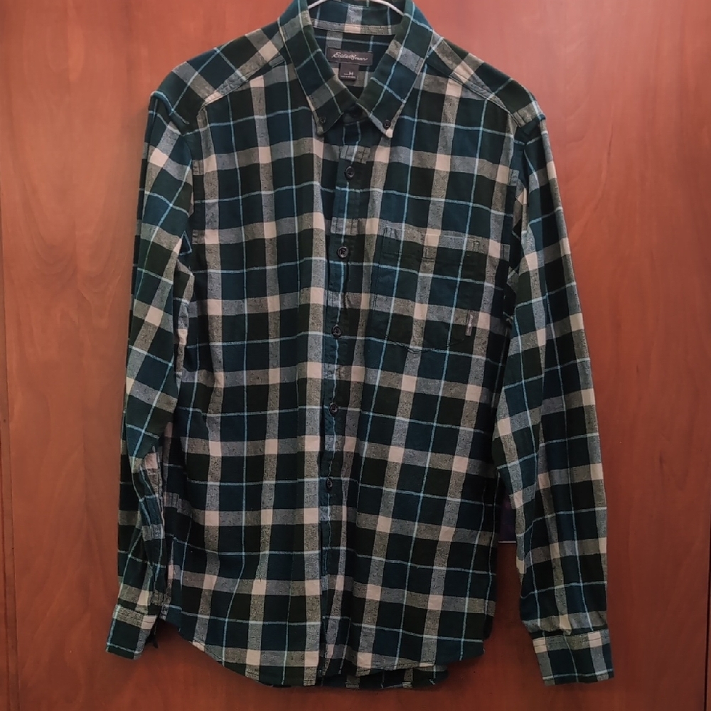 Eddie Bauer Green and White Plaid Button-Down Shirt